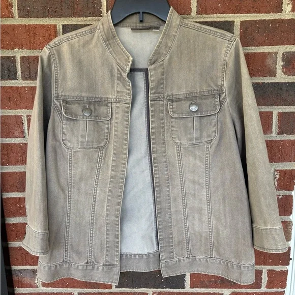 Womens Grey Wash Demin Jean Spring Jacket Chicos sz 1 M 8 Casual Y2K Cottagecore - Picture 1 of 4